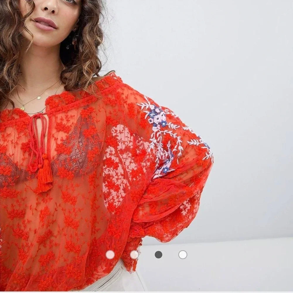 Free People Red Sheer Lace Embroidered Off Shoulder Tassel Blouse Small OB643444